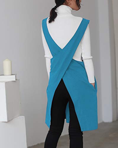 Cotton Linen Japanese Apron Halter Cross Back Bandage X Shape Aprons Two Pockets - color: Sky Blue
