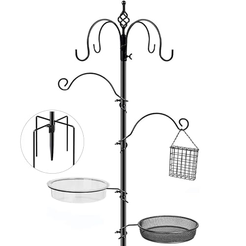 Bird Feeding Station, 90.55in 6-Hook Wild Bird Feeder Stand Pole with Water & Mesh Tray Humming Bird Feeders for Outdoors Easy Assembly for Courtyards Gardens (Black) - size: 90.55in