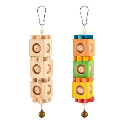 2 Pcs Wooden Bird Chew Toys for Beak Grinding, Hanging Parrot Rotating Wood Block with Bell Parrot Foraging Enrichment Toy for Parakeet, Cockatiel, Conure