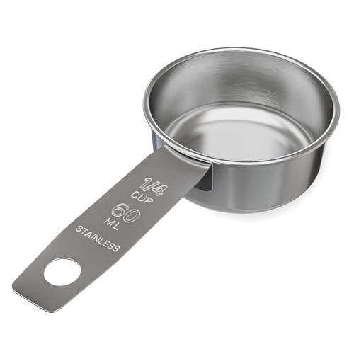 1/4 Cup Stainless Steel Measuring Cup | Sturdy Metal 60 ml | 60 cc | 2 oz | Single Cup for Wet and Dry Ingredients | Great for use as 1/4 Cup Dog Food Scoop - 1 PK - size: 1/4 Cup