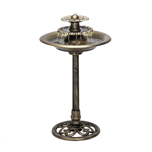 Alpine Corporation TEC106-BZ 35” Tall 3-Tier Pedestal Water Fountain with Birdbath in Vintage – Outdoor Garden Fountain for Yard, Patio, Deck Decoration, Bronze