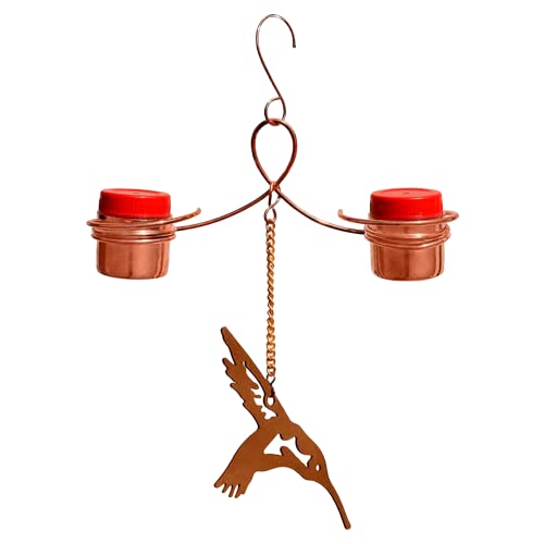 Monarch Abode Hanging Hummingbird Feeders for Outdoors – Pure Copper Handcrafted Double Hanging Hummingbird Feeder with Metal Ornament, Decorative Humming Bird Feeders for Outdoors Garden Patio Deck - style: Double Feeder with Steel Ornament