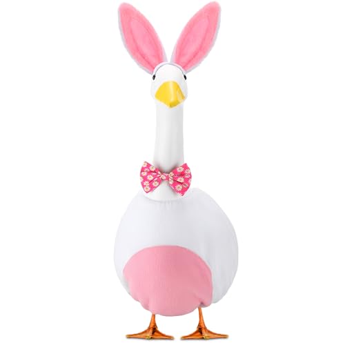 Abbylike 1 Set Easter Bunny Porch Goose Outfits Easter Yard Goose Clothes Costume with Bunny Ears Headband Fits Large 23'' Cement for Spring Outdoor Garden Yard Patio Statue Pathway Art Decorations - style: Pink
