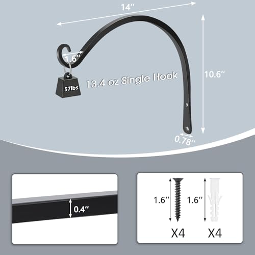 Gtongoko 14" Outdoor Plant Hanger Wall Bracket, Heavy Duty, 2 Pack | 57lb Capacity,Rust-Resistant Finish,Easy Installation,Fit Hanging Baskets,Ideal for Bird Feeders & Lanterns - size: 14 Inch, style: C-shape