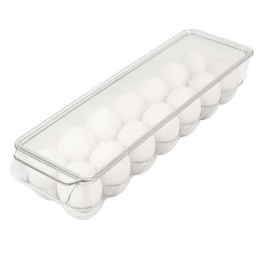 Dependable Industries inc. Essentials Clear Acrylic Egg Storage Container with Lid, 14-Egg Capacity, BPA-Free Refrigerator Organizer, Stackable Tray with Handle, Dishwasher Safe