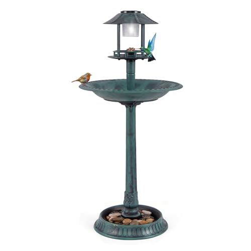 BECOMFORT Solar Bird Bath, Vintage Pedestal Birdbath with Solar Powered Lamp, Bird Feeder, Flower Planter Base & 3 Ground Stakes, Plastic Bird Bath for Outside, Garden, Yard & Outdoor (Green) - color: Green