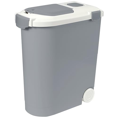 Ashfield & Harkness Airtight Pet Food Storage Container, Holds 30lbs | Grey BPA-free HDPE bin with silicone seal, measuring scoop on lid, snap latch - fits dogs, cats & more - color: Grey, size: 30 lbs