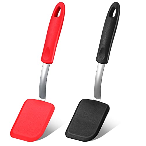 Silicone Cookie Spatula Turner 2 Pack Mini Brownie Spatula Flexible Kitchen Small Silicone Turner for Nonstick Cookware Heat Resistant No Scratch Flipper for Egg(Solid Flat,Black, Red) - color: Black, Red