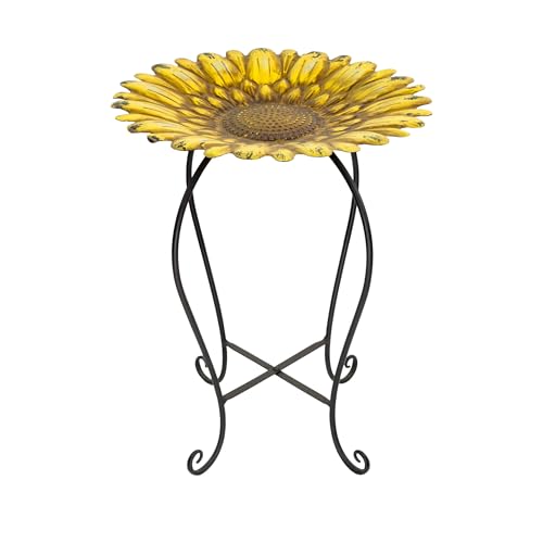 Alpine Corporation 19" H Outdoor Metal Birdbath w/Stylish Stand, Embossed Sunflower Birdbath Bowl and Stand Set, Yellow - color: Yellow