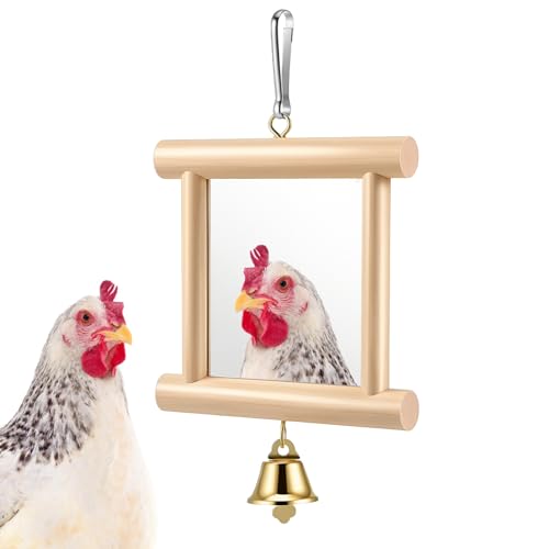 Bird Mirror with Bell for Cage for Coop Enrichment, 4 x4 Inch Hanging Swing Pet Mirror Chicken Enrichment Toys for Hens Birds Parrots(Wood Color) - color: Wood Color