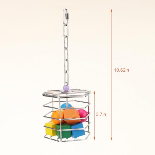 Hypeety Bird Foraging Toys Stainless Steel Foraging Basket Millet Holder for Bird Cage Unique Hanging Feeder for Macaws Cockatoos African Grey Cockatiel Conures Amazon Parrot(Feeder+Blocks) - size: Feeder+Blocks