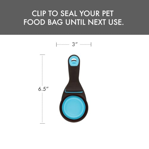 Dexas Popware for Pets Collapsible Klip Scoop, 3-in-1 Pet Food Scoop, Measuring Cup and Bag Clip, 1/2 Cup Capacity, Blue - color: Blue, size: 1/2 Cup Capacity