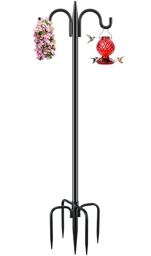Gtongoko Bird Feeder Pole for Outdoors Heavy Duty, 77 Inch Double Shepherds Hook with 5-Prong Stable Base, 3/4 Inch Thick Hummingbird Feeder Stand for Hanging Plants, Lanterns, 1 Pack - size: 77 Inch