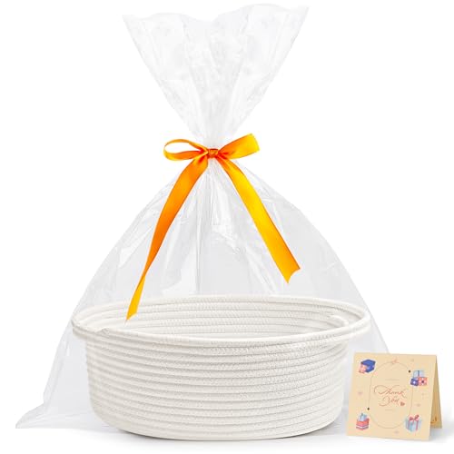 Pro Goleem Small Gift Basket with Gift Bags and Ribbon Woven Storage Basket | Durable Baskets for Gifts Empty Rope Basket for Storage 12"X 8" X 5" Baby Toy Bin with Handles, White - color: white