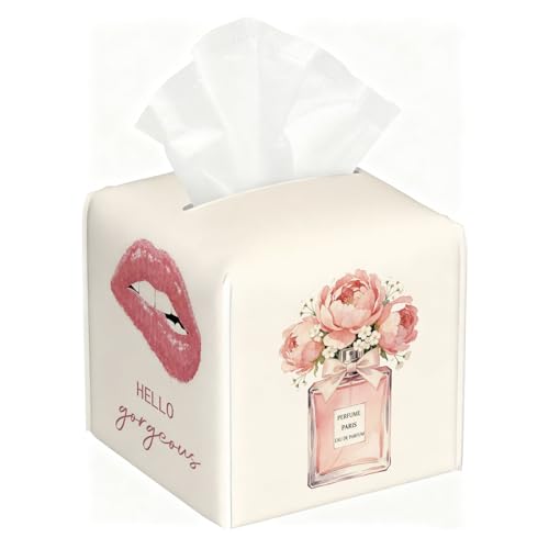 Fashionable Hello Gorgeous Tissue Box Cover, 5.2 Inch Square PU Leather Floral Perfume Lips Tissue Holder, Feminine Decor Gift for Vanity, Bedroom & Dorm - color: White Decoration Theme-08
