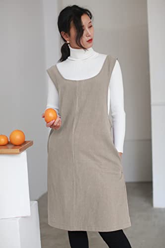 Cotton Linen Japanese Apron Halter Cross Back Bandage X Shape Aprons Two Pockets - color: Khaki