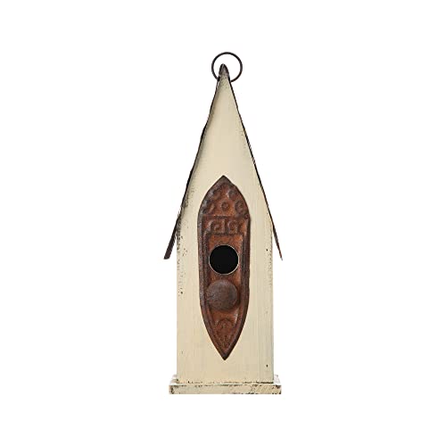Glitzhome 13.25" Hanging Birdhouse for Outside, Washed White Distressed Solid Wood - Spring Ready Nesting Box & Christmas Garden Gift Idea