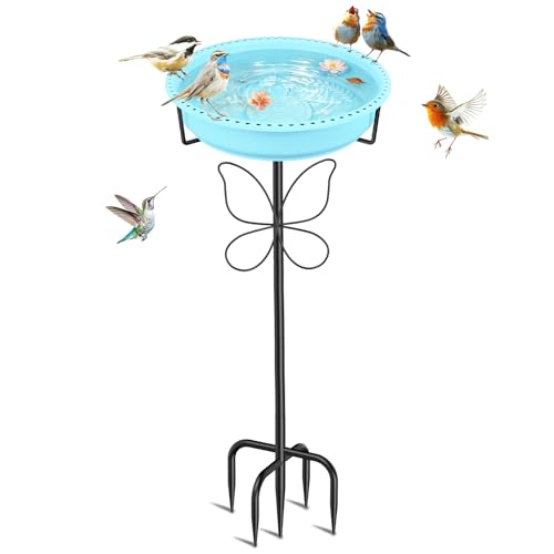 37In Bird Bath for Outside, 2-in-1 Birdbath & Birdfeeder with Detachable Plastic Bowl, Metal Butterfly Stake & Sturdy 5-Pronged Base for Outdoor Garden Yard Decor (Blue) - color: Blue