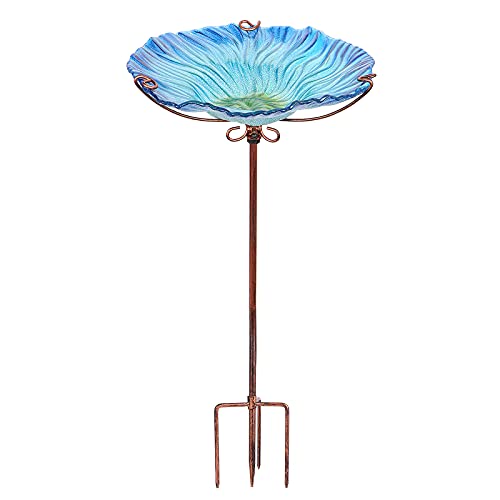 Glass Bird Bath for Outside, Blue Bird Feeder Birdbaths for Oudoors | 26 Inch Blue Bird Baths Combines Garden Decor & Bird Feeder Functions, Stable Four-Prong Stake, Easy to Install and Clean - color: Blue