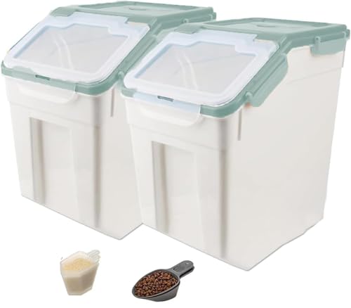 Rice Storage Container 2 Pack 50 lb Flour Storage Container with Wheels, BPA Free Food Storage Container with Measuring Cup Dog Cat Food Bin Set for Dry Food Sugar, Cereal-Green - color: Green/50lbs,2counts