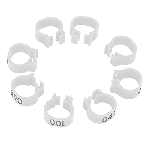 Cyrank 100pcs Birds Foot Rings, 12mm 001‑100 Numbered Pigeon Leg Bands Ring Plastic Foot Bands Clip on Leg Rings for Chicks Opening Foot Ring for Pigeon Chicks Duck Dove(White)