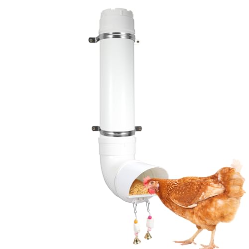 Kalakey Automatic Chicken Feeder, Hanging PVC Tube Chicken Coop Feeder with Chew Toy Bell, Holds 6lbs Feed for Hens Chicks, Grit and Oyster Shell Feeder