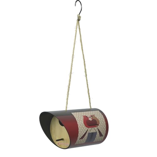 Red Carpet Studios Birdhouse Charley Harper Mid-Century Style Birdhouse for Chickadees, Nuthatches, Titmice, & Warblers Cylinder Bird House, 8" Long, Red Bird's Romance - color: Red Bird's Romance