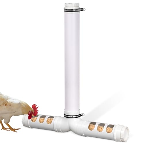 PVC Chicken Feeder 12 Lbs, Automatic Chicken Feeder No Waste | Wall Mounted Chicken Feeder Kit Gravity Fed, Auto Poultry Feeder with 6 Feeding Holes for Chicken Coop
