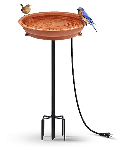 BIRD WISH Heated Bird Bath, Stable 5-Prong Metal Base Thermostat Control Weather Resistance All Seasons Available 75W Heated Bird Baths for Outdoors for Winter Garden Yard Patio Lawn, Terracotta - color: Terracotta