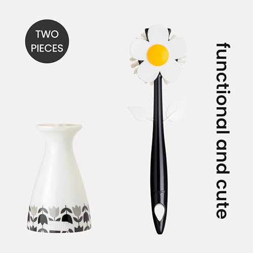 Vigar Flower Power Dish Brush with Handle and Vase Holder - White, Black | Flower-Shaped, Scrub Brush for Dishes, Dishwashing Brush, Kitchen Scrub Brush, Pot Scrubber, Kitchen Essentials - color: White