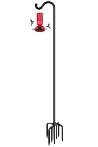 Adjustable Shepherd Hook Bird Feeder Pole with 7 Prongs Base, 108 Inch Tall 5/8 Inch Thick, Heavy Duty Outdoor Garden Poles for Hanging Bird Feeders, Plant Baskets, Black (1 Pack) - size: 108 Inch