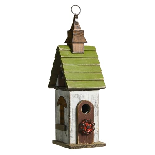 Glitzhome Bird Houses for Outside, Bluebird Houses for Outdoors,15.75"H Solid Wood Birdhouse Distressed Cottage Decorative Hanging Outdoor Garden Bird House for Wren Sparrow Hummingbird Finch Cardinal - color: 15.75"H White&Green