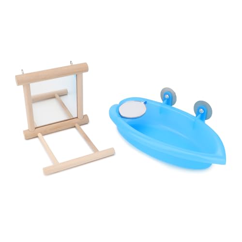 Wontee Bird Bath Parrot Bathing Tub Bird Mirror with Perch Toys for Budgies Parakeets Cockatiels Lovebirds Finches Canaries (Blue (B)) - color: Blue (B)