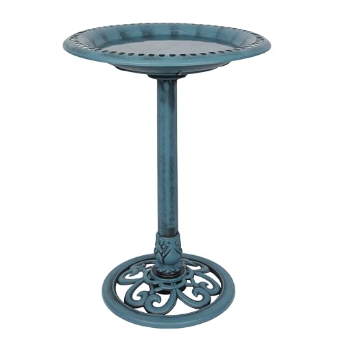 Alpine Corporation TEC116BL Pedestal Birdbath with Scrollwork Base and Ground Stakes, Décor for Lawn & Garden, 28" H, Blue - color: Blue Birdbath
