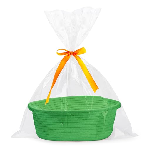 Pro Goleem Small Woven Basket with Gift Bags and Ribbons Durable Baskets for Gifts Empty Small Rope Basket for Storage 12"X 8" X 5" Baby Toy Basket with Handles, Grass Green - color: grass green