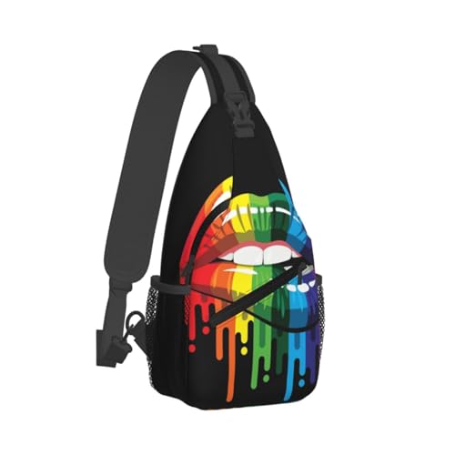 Lgbt Pride Rainbow Lips Art Black Sling Backpack Crossbody Shoulder Bag Chest Bag Travel Chest Pack Casual Daypack For Women Men Hiking Sports Working - color: Black2
