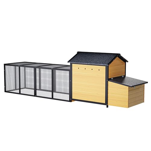 YOPTO Wooden Chicken Coop, 114 in, Outdoor Run, Black/Gold | Solid wood, Weatherproof roof, Outdoor run, Nesting box, Pull-out tray, 6 access doors, Ramp - size: 114.0"L x 25.4"W x 33.9"H
