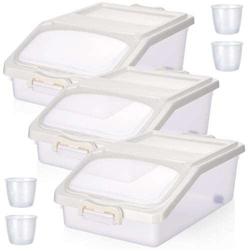 3 Pcs Rice Storage Container 11 lb Airtight Flour Container with Wheels Measuring Cup Clear Pet Food Dog Cat Birds Food Bin Grain Cereal Organizer Box for Dry Baking Supplies (White) - color: White