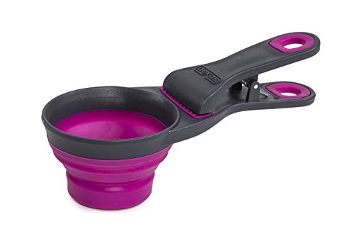 Dexas Popware for Pets Collapsible Klip Scoop, 3-in-1 Pet Food Scoop, Measuring Cup and Bag Clip, 1/2 Cup Capacity, Fuchsia - color: Fuchsia, size: 1/2 Cup Capacity
