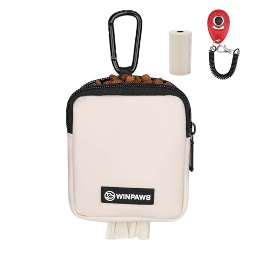 Dog Treat Pouch with Training Clicker,Waterproof Nylon Fabric Poop Bag Holders for Leashes,Hands Free Small Dog Walking Bag with Carabiner, Pet Puppy Training Walking Essentials (Beige) - color: Beige