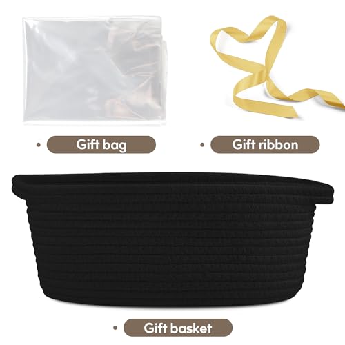 Pro Goleem Small Woven Basket with Gift Bags and Ribbons Durable Baskets for Gifts Empty Small Rope Basket for Storage 12"X 8" X 5" Baby Toy Basket with Handles, Black - color: black