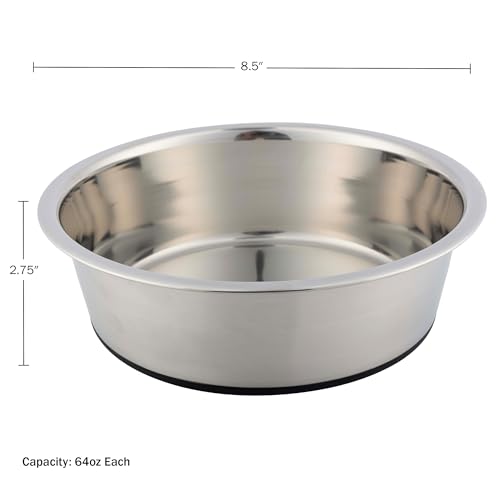 Set of 2 Stainless Steel Dog Bowls - 64oz/8 Cups Food and Water Bowls for Dogs and Cats - Non Slip Metal Pet Dishes for Medium to Large Sized Pets - Puppy Essentials by PETMAKER