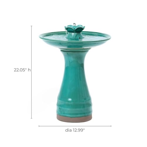 LuxenHome 22" Ceramic Bird Bath Fountain, Outdoor Water Fountain Birdbath | Glazed Jade Green Freestanding Waterfall Birdbath, Build-in LED Light and Pump, Garden Fountain for Backyard, Patio