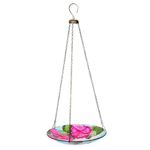 Alpine Corporation KBD150 Outdoor Hanging Glass Bird Feeder and Birdbath, Floral and Hummingbird Design with Chain, 10" W, Red/Green - style: Floral and Hummingbird