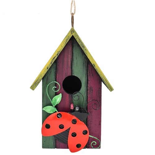 Morning View Bird Houses for Outside Decorative Nest Box Wooden Birdhouse Hanging Spring for Yard Garden Patio Outdoor Small Birds Bluebird Finch Cardinals Wren 9.35 Inch Tall (Red) - style: Ladybug