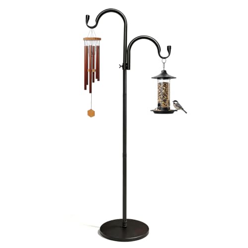 63" Double Shepherds Hooks for Outdoor, Freestanding Adjustable Shepherds Hook with Base, Metal Bird Feeder Pole for Wind Chimes, Hummingbird Feeders, Lanterns, Hanging Plants, Indoor Outdoor Decor