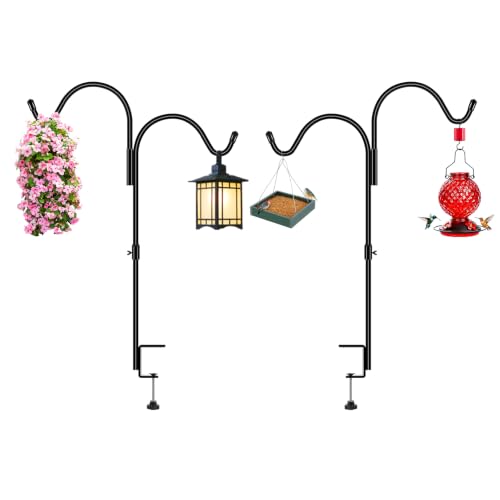 Gtongoko 35 Inch 2 Pack Double Deck Hook for Railing, Deck Bird Feeder Pole with 3 Inch Strengthened Clamp for Hanging Bird Feeders, Lanterns, Wind Chimes, Flower and Plant Baskets