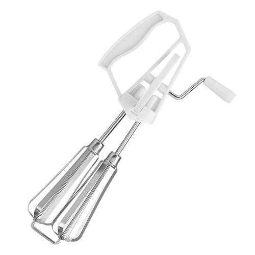 Egg Beater Hand Crank, Stainless Steel Manual Egg Whisk Mixer Handheld Rotary Hand Whip Kitchen Cooking Tool for Whisking Frothing Mixing (White) - color: White