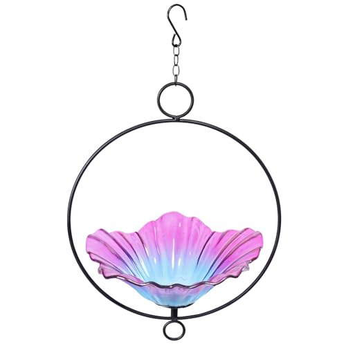 MUMTOP Hanging Bird Bath for Outdoors, Glass BirdBath Bowl for Garden Decor | Hanging Bird Baths with Circle for Outdoors, Flower Glass Bird Water Bowl Bird Feeders for Outside, Garden, Lawn Yard Decor