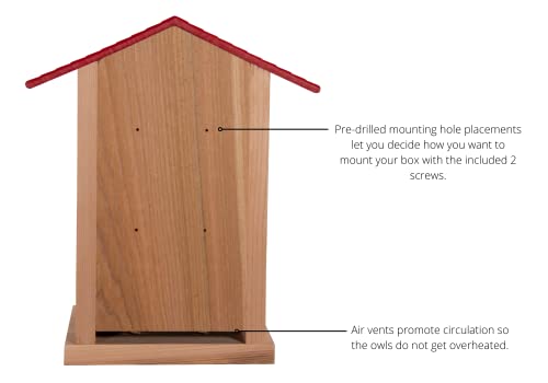 Screech Owl House Cedar Nesting Box with Poly Lumber Roof, Saw-Whet Owl Box for Outside, Drainage Ventilation, Easy Cleanout, Made in USA, Cardinal Red - color: Cardinal Red